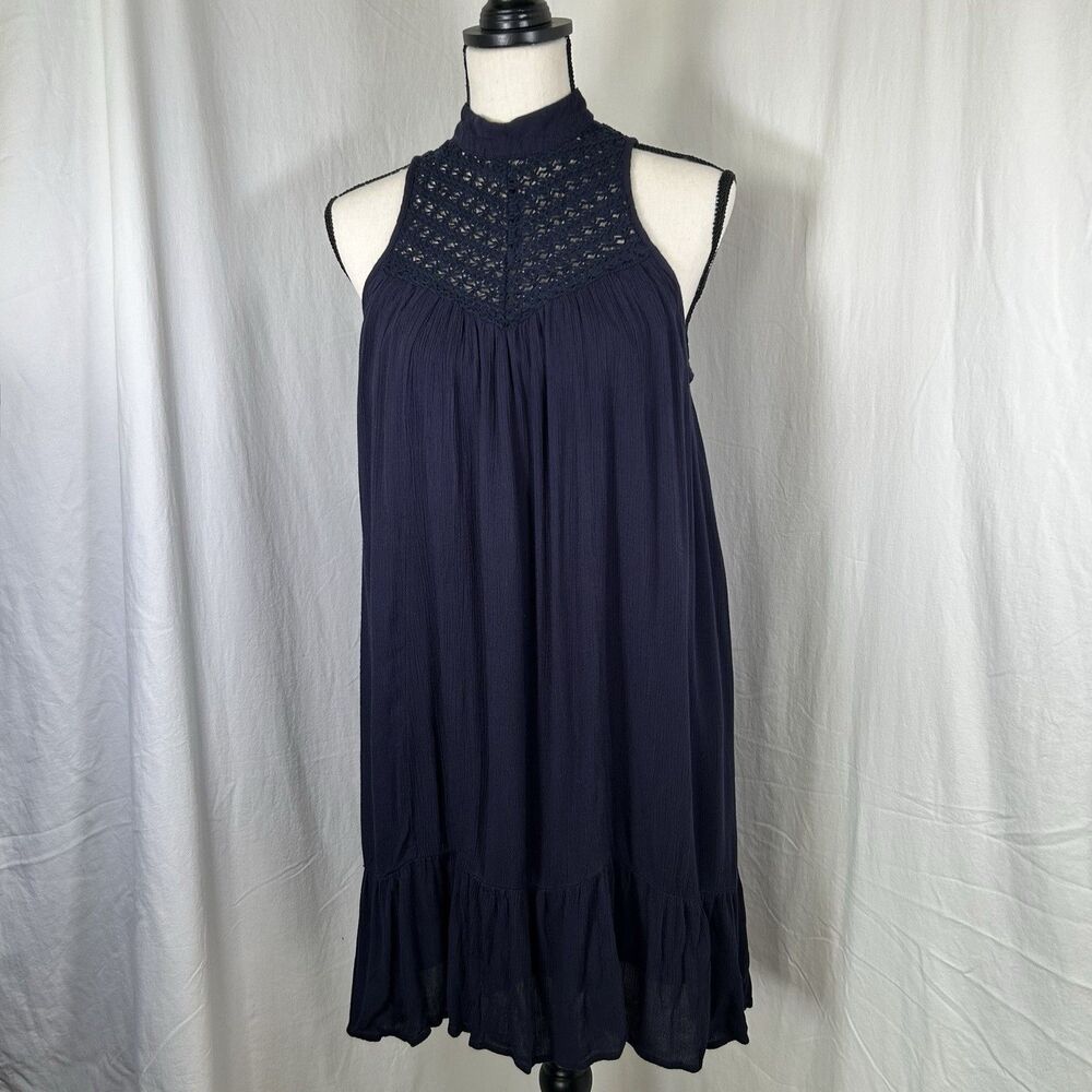 Band Of Gypsies Navy High Neck Crochet Crepe Gauze Dress Women’s M Boho